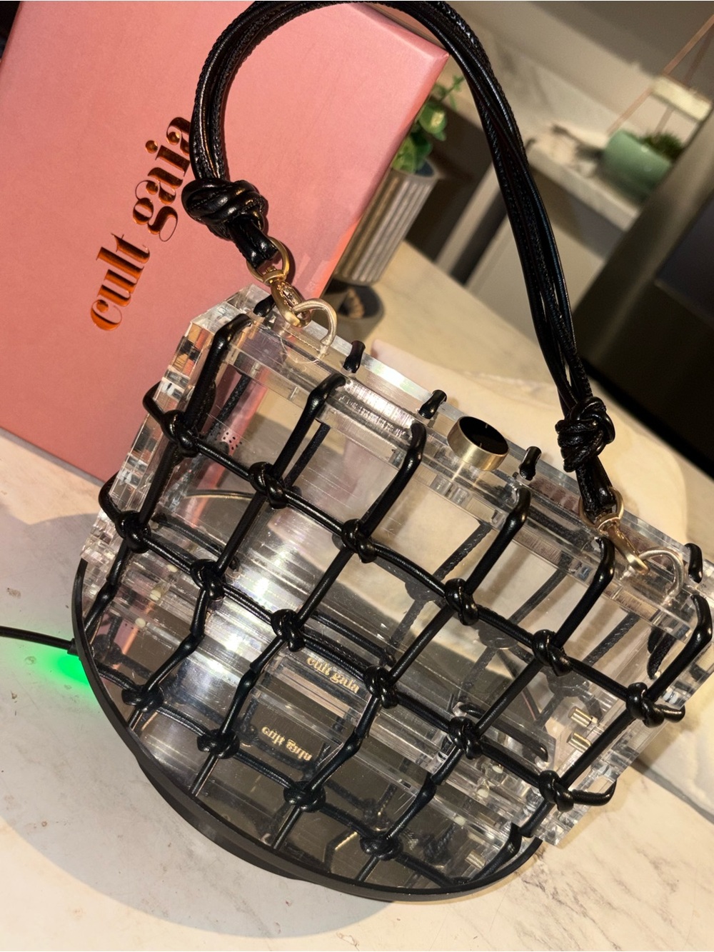 cult gaia Clear Acrylic Minaudière with Black Leather Net